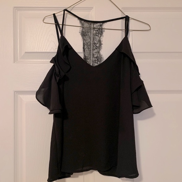 Black Ruffled Cold Shoulder Top w/ Lace Back Strip - Picture 1 of 4